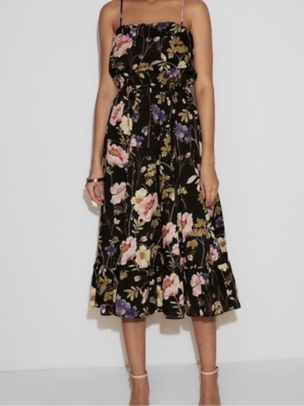EXPRESS Black/Multicolor Sleeveless Floral Strappy Back Midi Dress, Size M